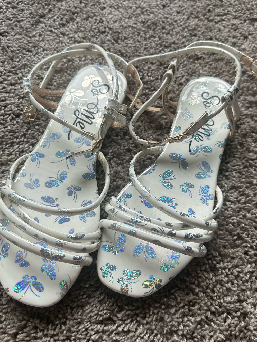 So Me White Strappy Sandals with Holographic Butterfly Accents